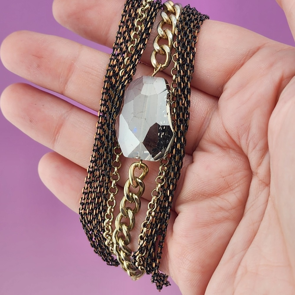 Black Gold Tone Multi Strand Chain Bracelet Faceted Crystal Statement Chunky